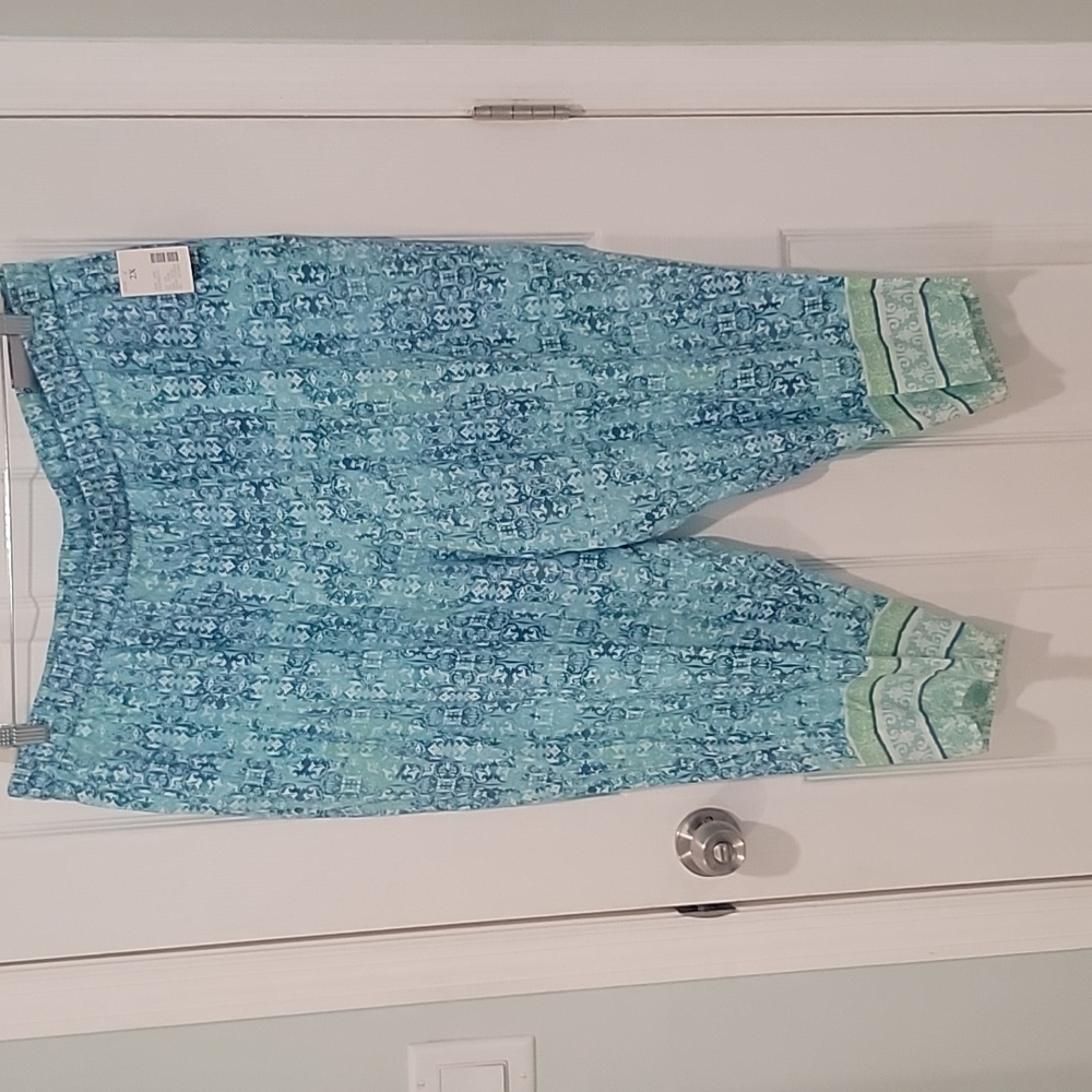 NWTCatherine's sz2X Aqua Print Pull On Capri Pants.    BinE